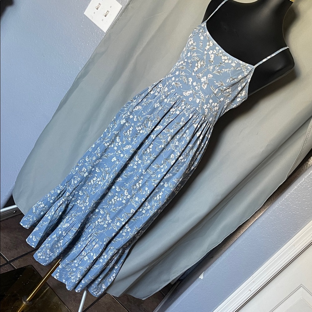 Blue Floral Midi Sundress with Spaghetti Straps